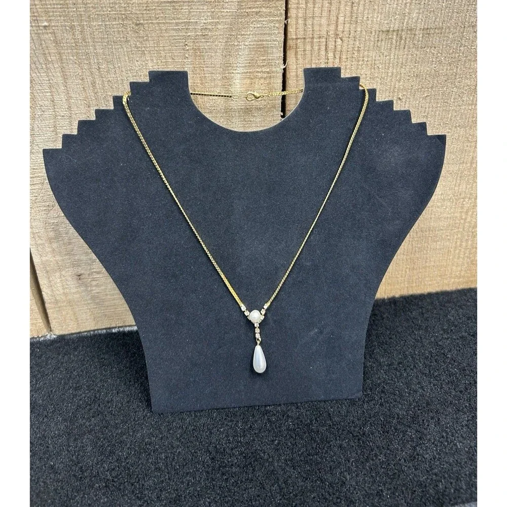 Park Lane Gold Tone Herringbone Faux Pearl Rhinestone 18" Necklace J322 - Picture 9 of 10